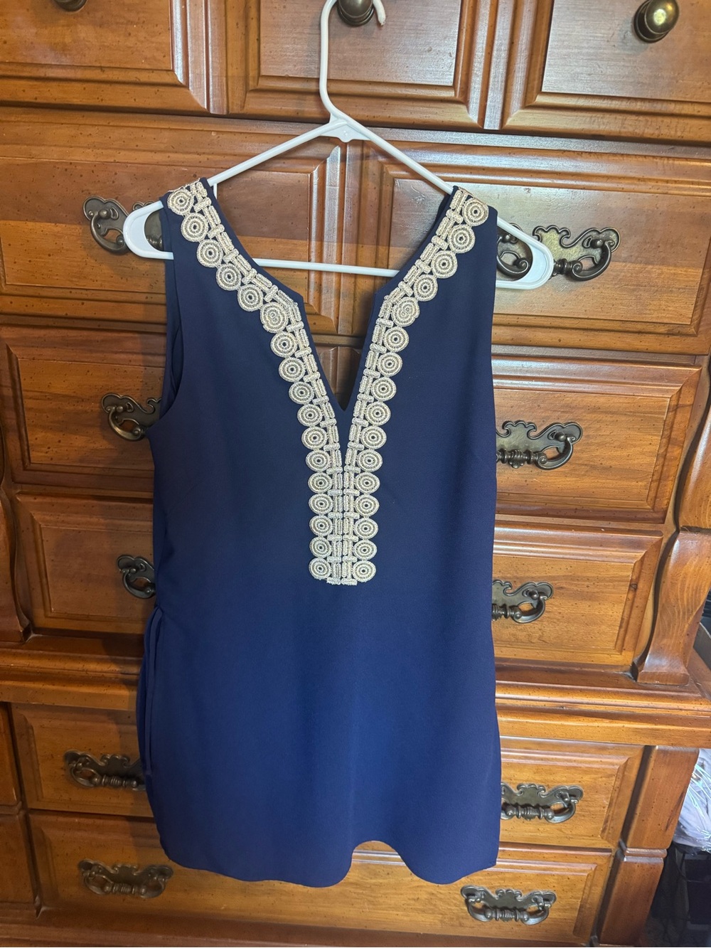 Lilly Pulitzer Navy Sleeveless romper with Cream Embroidered V-Neck Trim